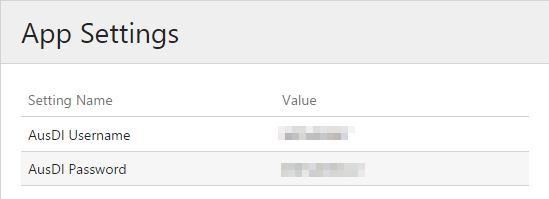 App Settings showing AusDI Username and AusDI Password entry